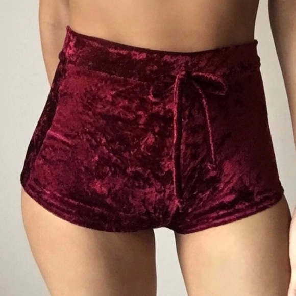 Burgundy Velvet Velour High Rise Shorts - Picture 2 of 6